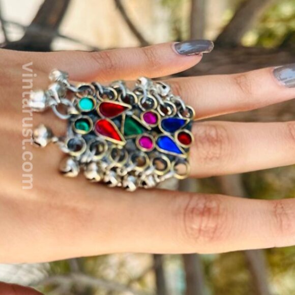 Afghan Multicolor Glass Stones Kuchi Ring, Afghan Statement Ring With Beads, - Picture 3 of 10